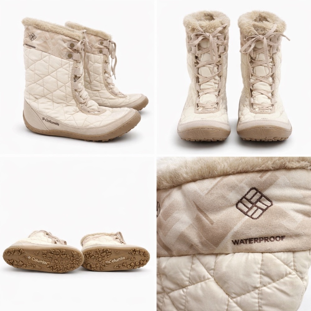 Columbia Waterproof Quilted Boots Women’s 8 Cream Faux Fur Lace Up Snow Boots